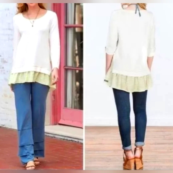 Matilda Jane Tops - NWOT Matilda Jane XL Cream Green Striped Ruffle VENTRILOQUIST BLOUSE/TUNIC TOP